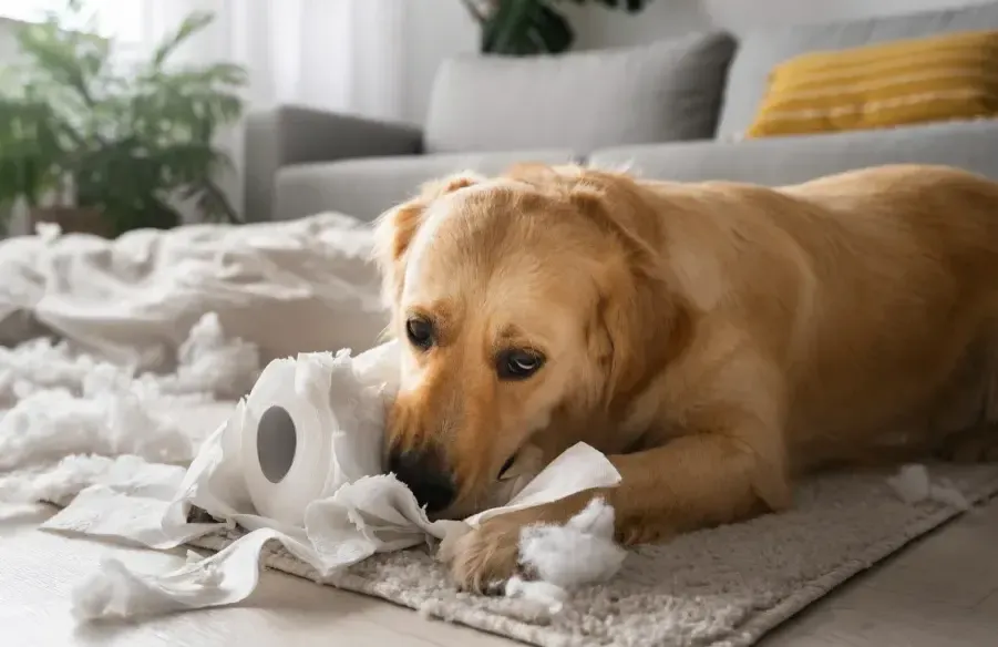 Golden retriever deitado no tapete da sala rasgando papel higiênico