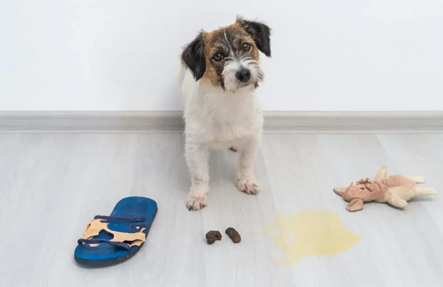 Filhote sentado ao lado de um chinelo mordido e de um brinquedo no chão de casa